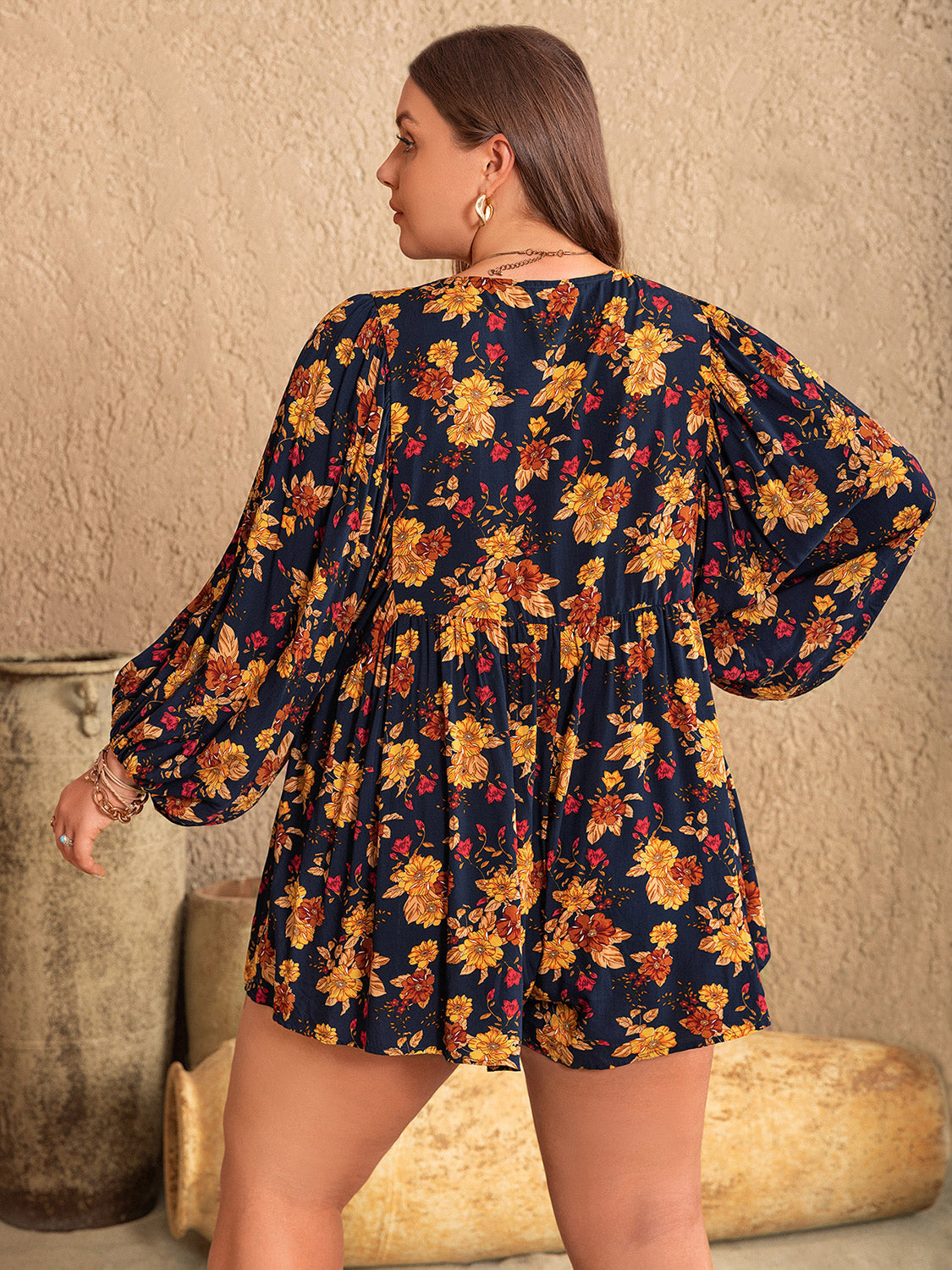 Floral Tie Neck Balloon Sleeve Romper –