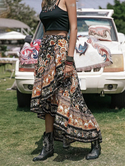 Boho Floral Print High-Low Skirt