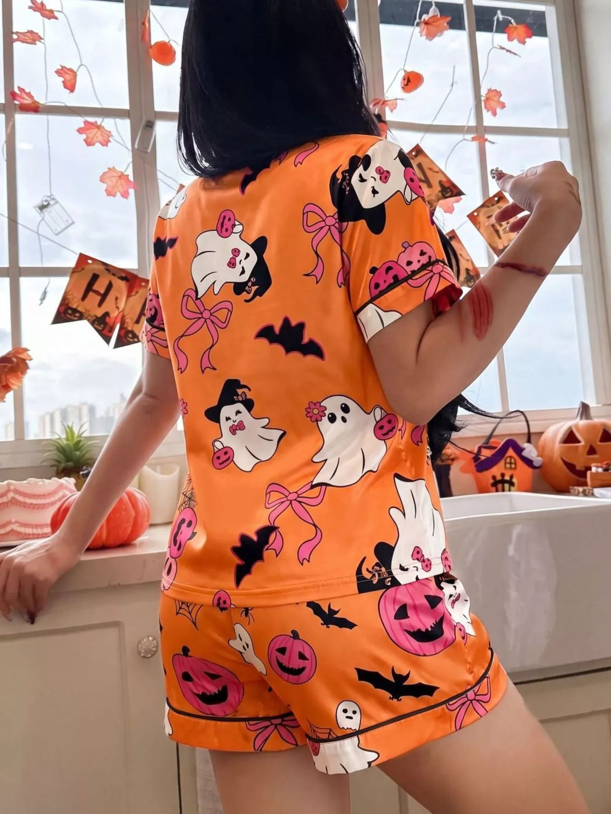 Halloween Ghost Print Lounge Set – Button-Down Top & Shorts