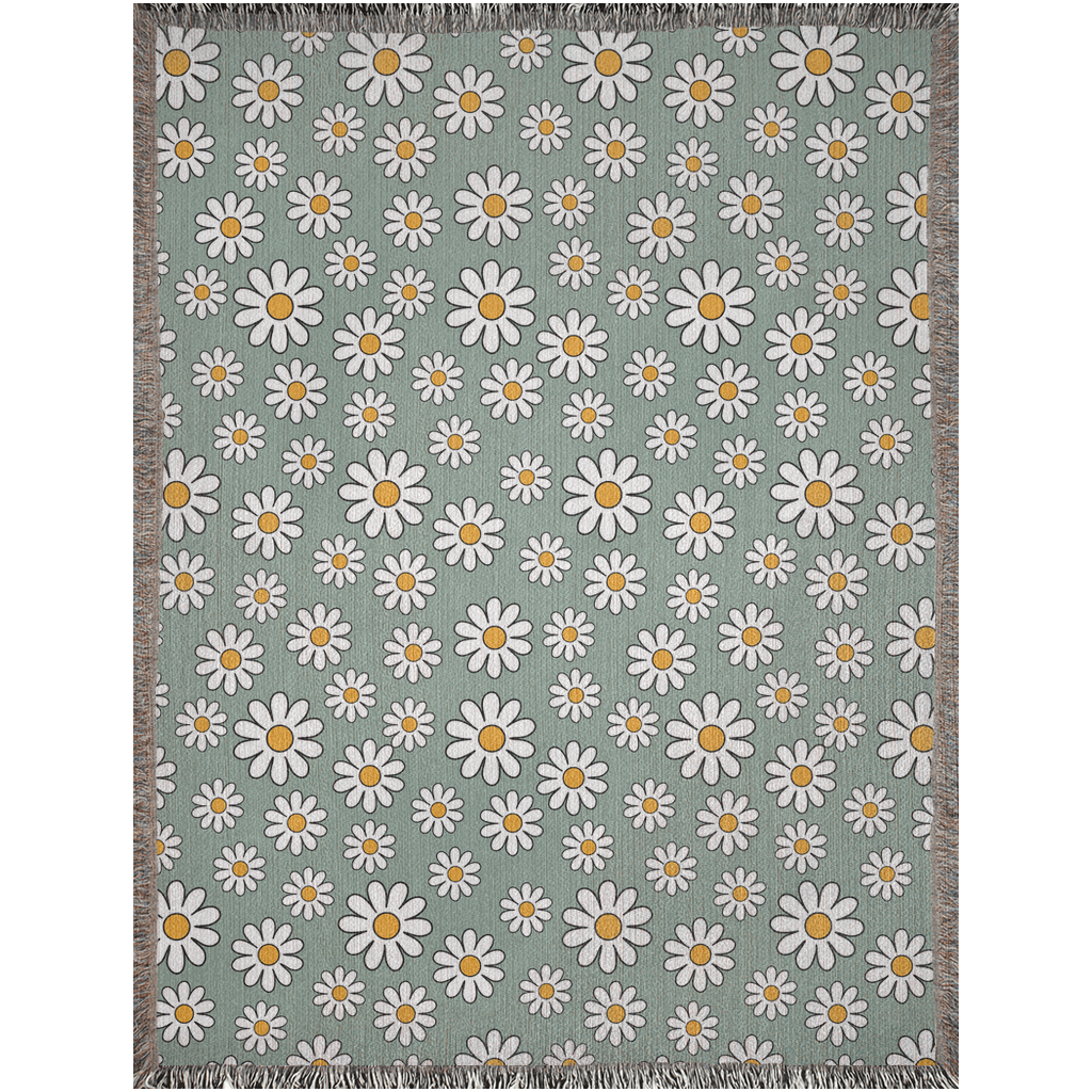 Daisy Flowers Woven Blanket. Sage Blanket With White Flowers. Floral Woven Blanket. Groovy Flowers Blanket