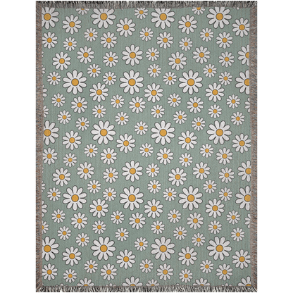 Daisy Flowers Woven Blanket. Sage Blanket With White Flowers. Floral Woven Blanket. Groovy Flowers Blanket