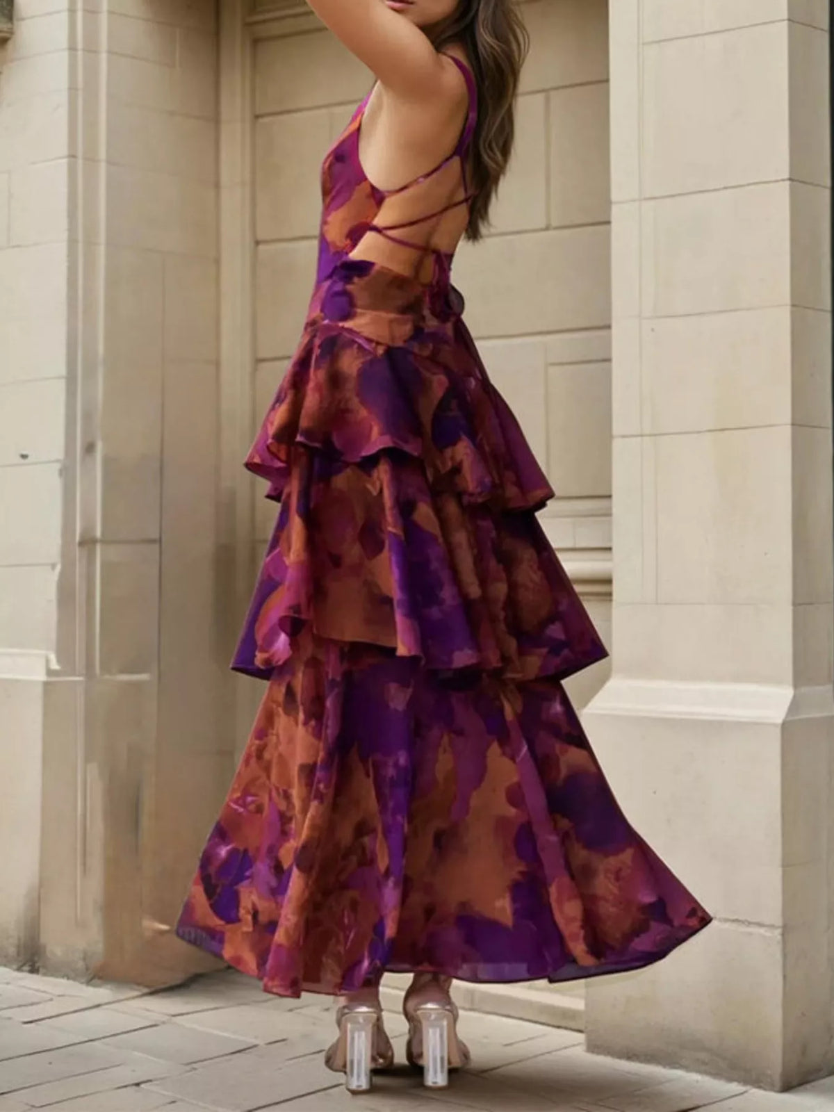 Deep Purple Floral V-Neck Tiered Backless Maxi Dress