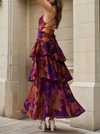 Deep Purple Floral V-Neck Tiered Backless Maxi Dress