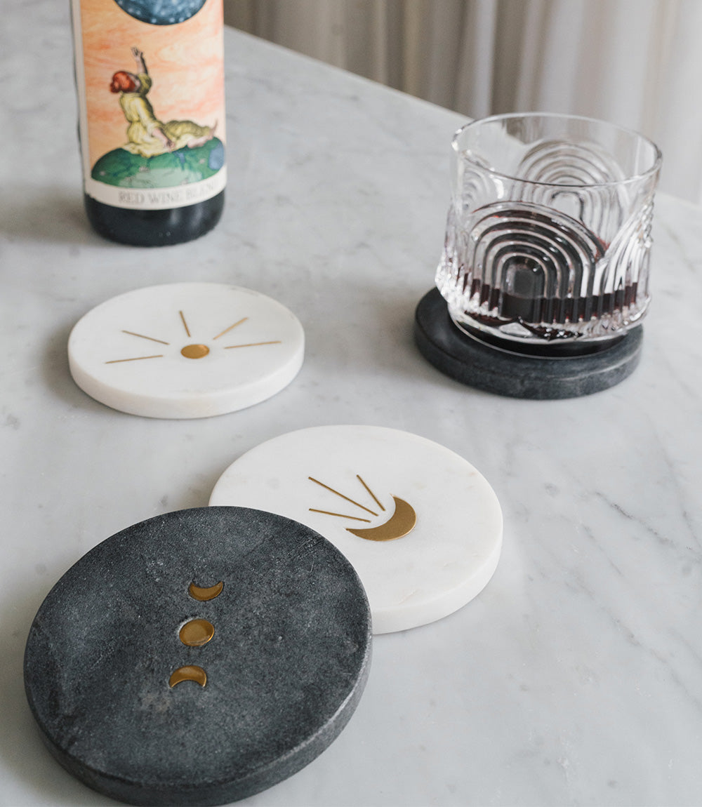 Indukala Moon Phase Marble Coasters - Black, White, Set of 4 – table top
