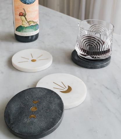 Indukala Moon Phase Marble Coasters - Black, White, Set of 4 – table top