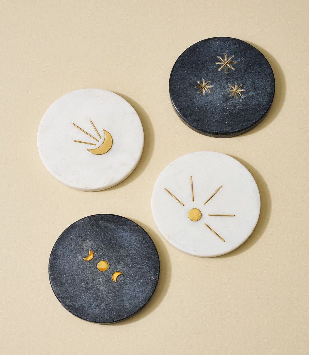Indukala Moon Phase Marble Coasters - Black, White, Set of 4 – table top