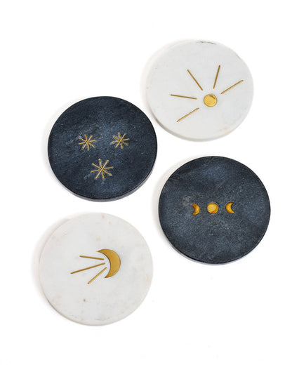 Indukala Moon Phase Marble Coasters - Black, White, Set of 4 – table top