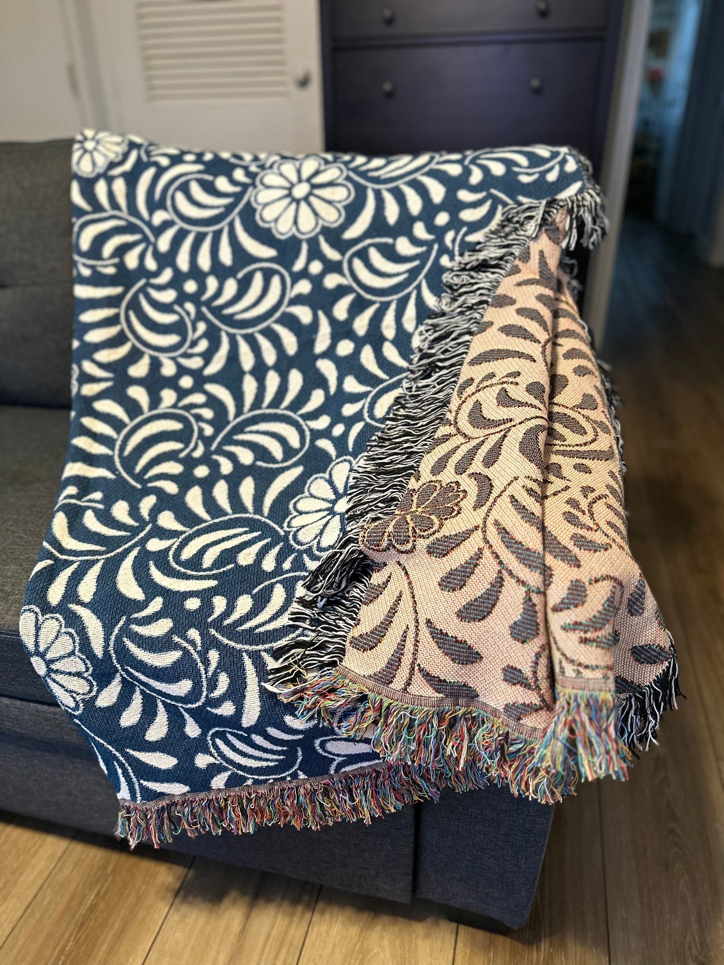 Blue Mexican floral woven blanket 50x60” clearance