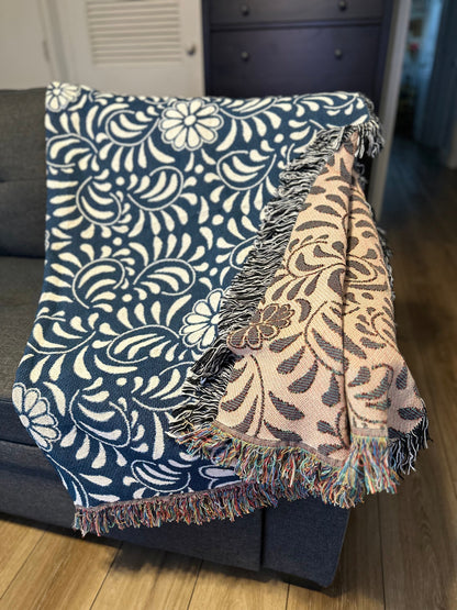 Blue Mexican floral woven blanket 50x60” clearance
