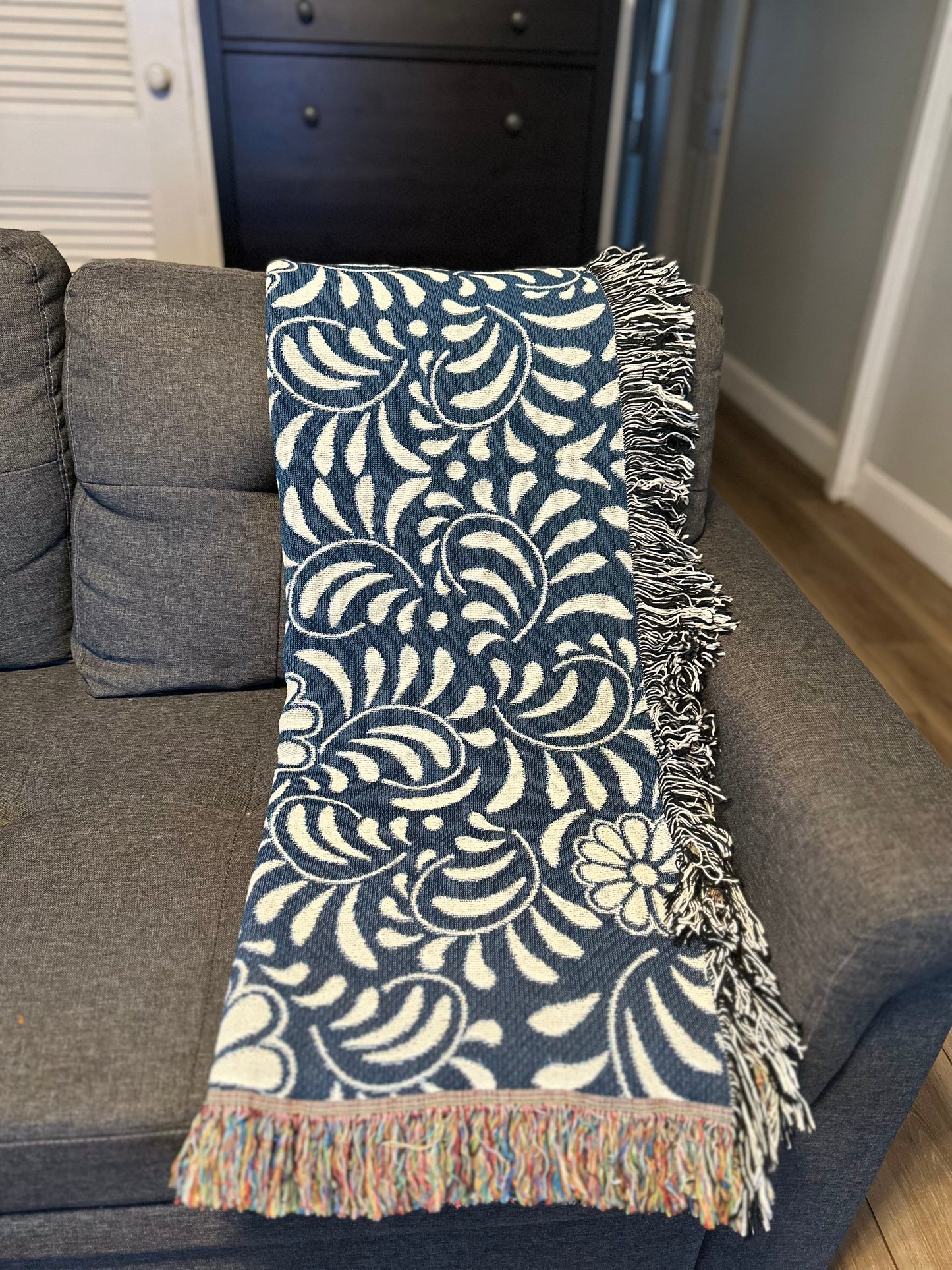 Blue Mexican floral woven blanket 50x60” clearance