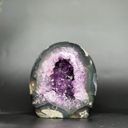 Amethyst Geode Crystal Egg with incredible Agate formations, Natural cave shaped polished agate stone