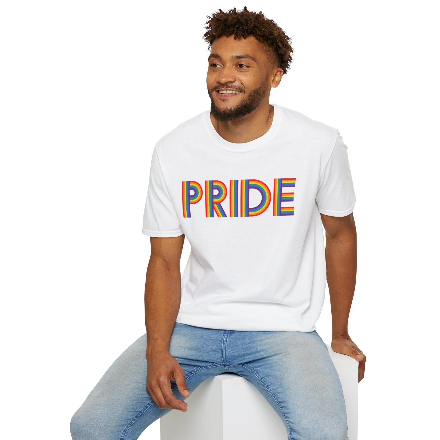 Bespattered Facade Rainbow Pride Ribbon Letters Unisex Softstyle T-Shirt