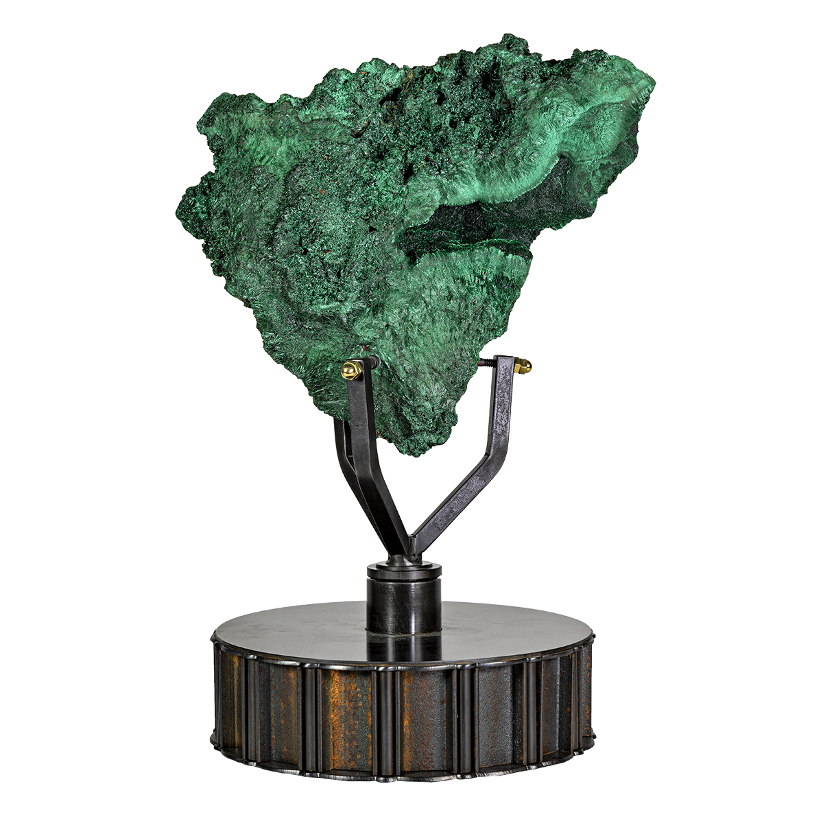 Chatoyant Malachite Specimen in Custom 3 Pronged Rotating Stand with Druze Vug on Lucite Stand –