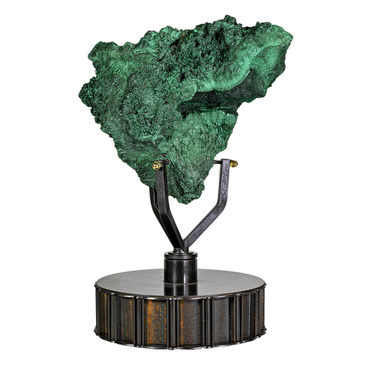 Chatoyant Malachite Specimen in Custom 3 Pronged Rotating Stand with Druze Vug on Lucite Stand –