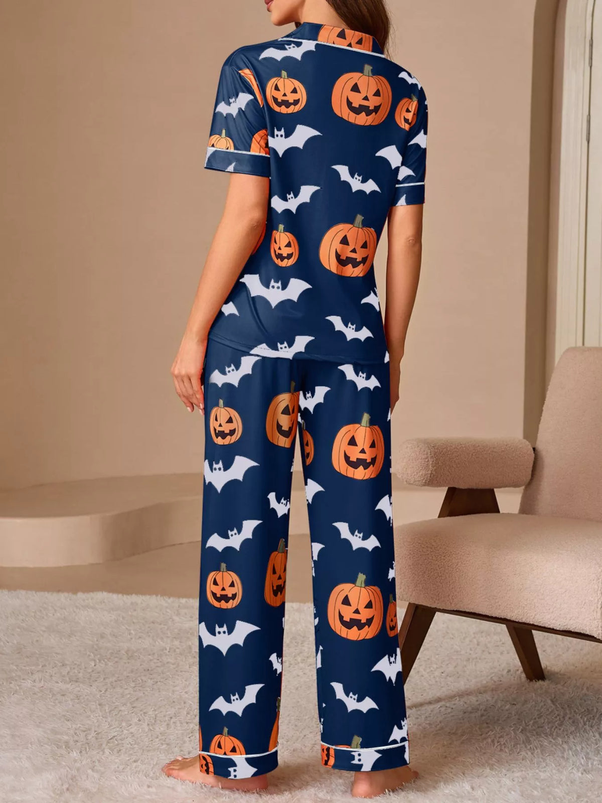 Halloween Pumpkin & Bat Print Button-Down Lounge Set