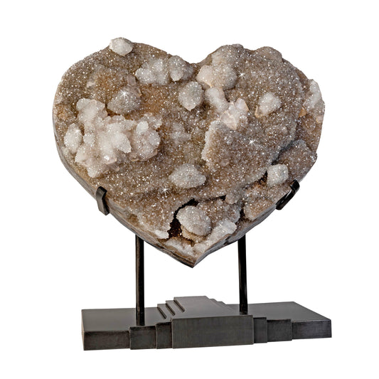 Gray Quartz Druze Heart in Custom Art Deco Stand with Calcite Crystal & Stalactite Inclusion - High Movement –