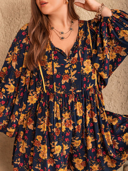 Floral Tie Neck Balloon Sleeve Romper –
