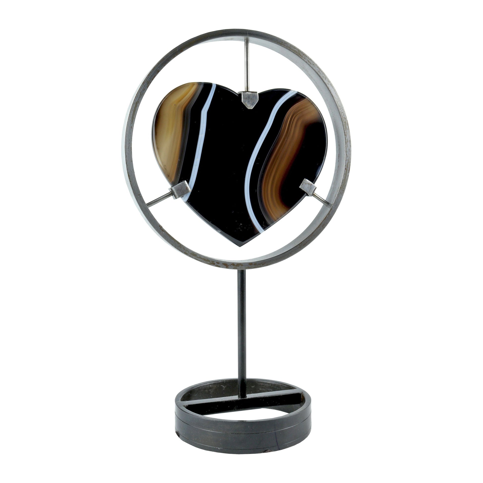 Sardonyx Heart Stone Sculpture on Metal Stand - Hand Carved Mineral Art – Home Decor