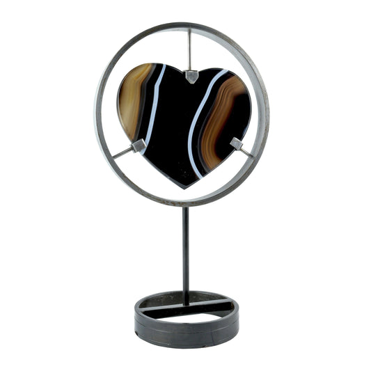 Sardonyx Heart Stone Sculpture on Metal Stand - Hand Carved Mineral Art – Home Decor