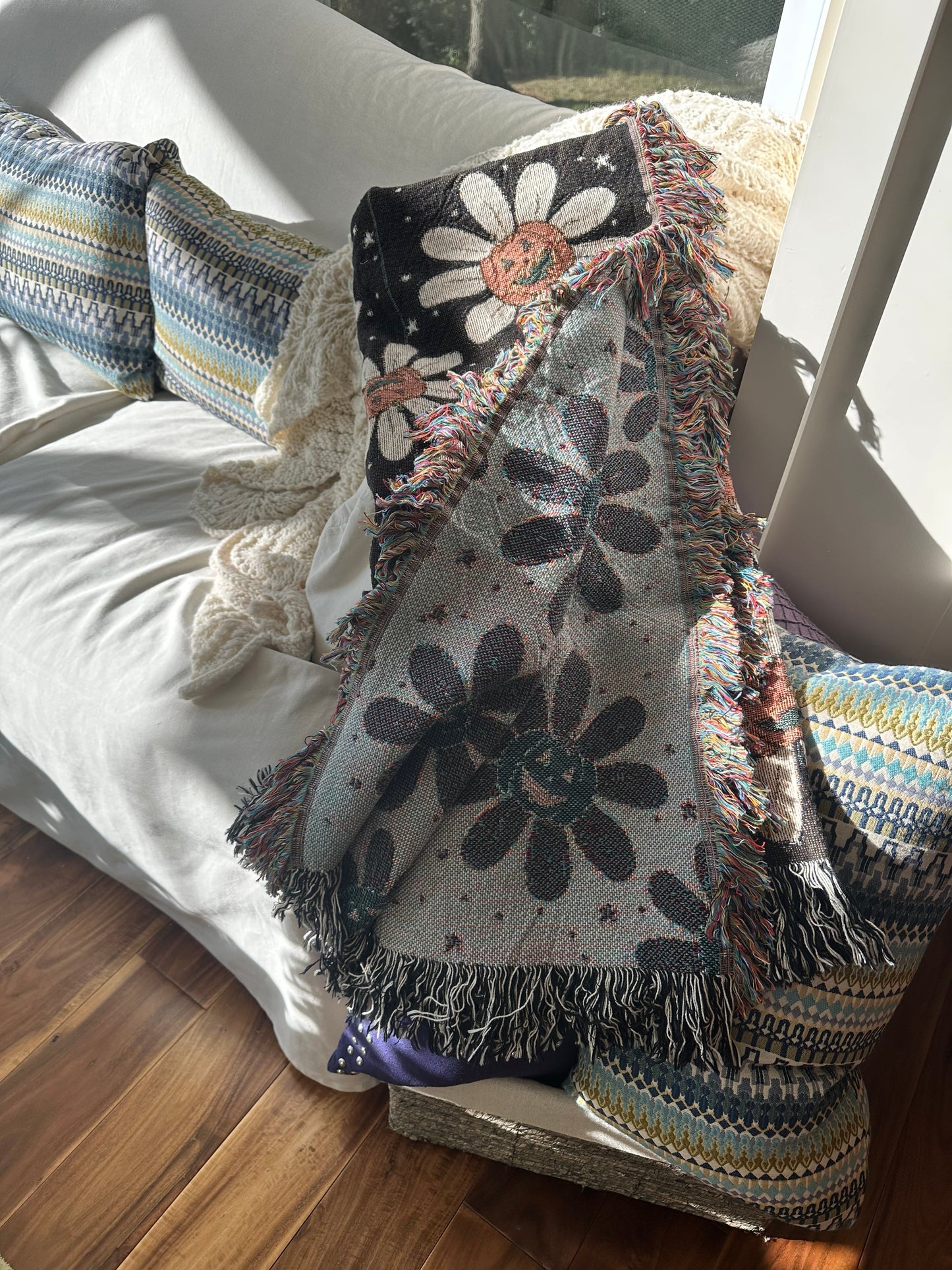 Daisy and pumpkins jack o lanters cotton woven blanket 50x60”