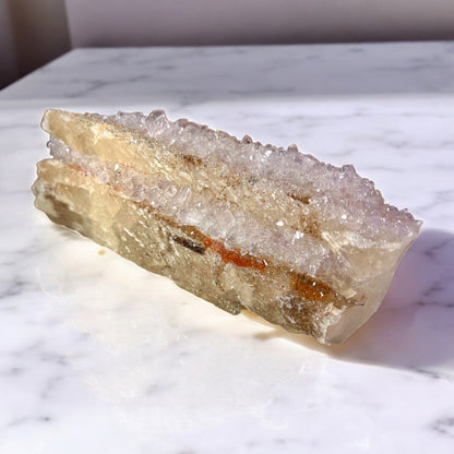 Calcite with Quartz Druse, Amethyst & Orange Iron-Oxide Veins –