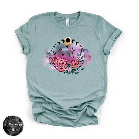 Flowering Full Moon Tee | Floral Celestial Graphic T-Shirt – Heather Blue Lagoon