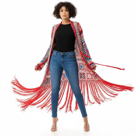 Boho Crochet Fringe Kimono with Belt – Clothing and Accessories