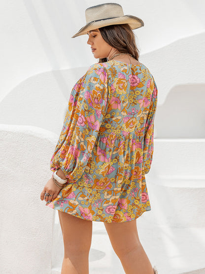Floral Tie Neck Balloon Sleeve Romper –