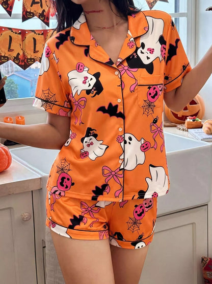 Halloween Ghost Print Lounge Set – Button-Down Top & Shorts