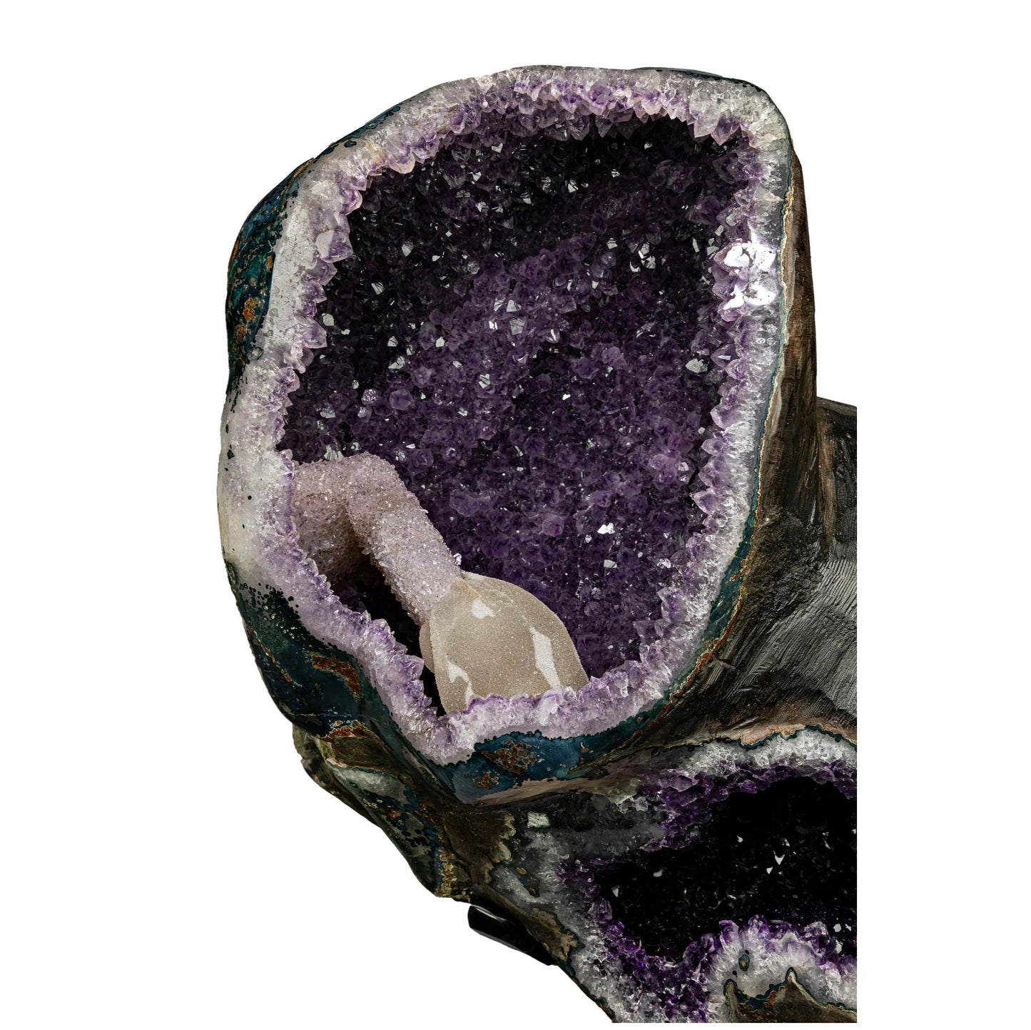 Amethyst Multi-Vug Geode with Calcite - Custom Steel Stand – Crystals & Geodes