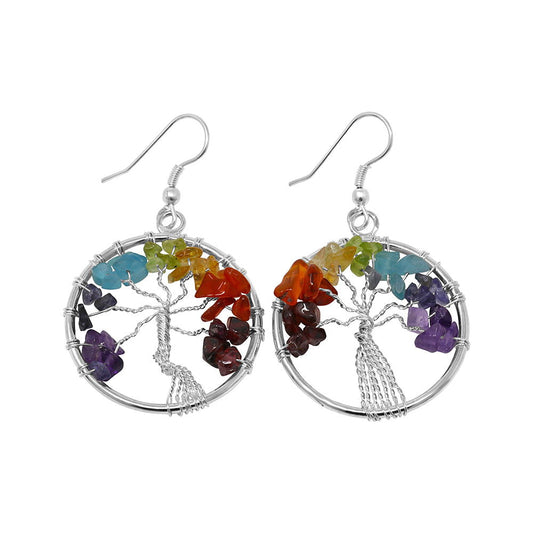 Rainbow Chakra Wire Wrapped Tree of Life Earrings