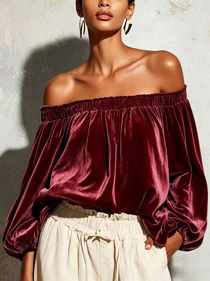 Off-Shoulder Velvet Long Sleeve Top