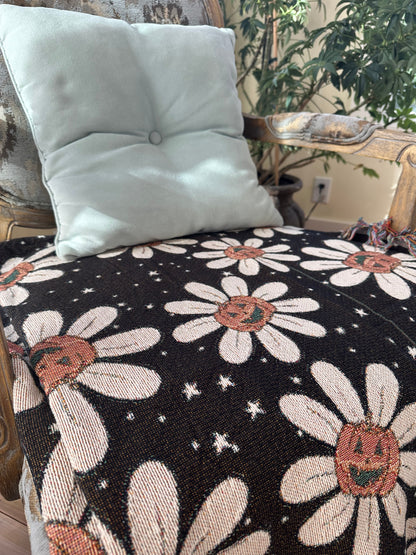 Daisy and pumpkins jack o lanters cotton woven blanket 50x60”