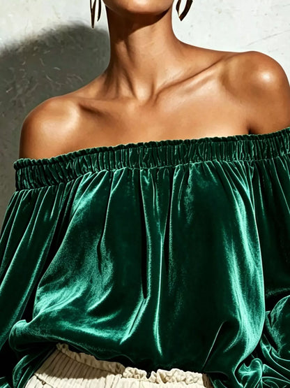 Off-Shoulder Velvet Long Sleeve Top