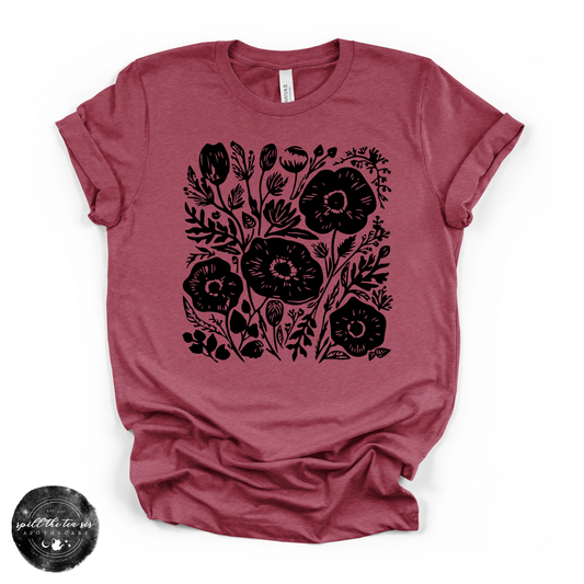Black Flowers Tee | Dark Floral Graphic T-Shirt – Heather Raspberry