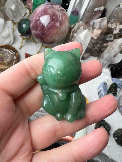 Crystal Lucky Cat Carving | Green Aventurine & Rose Quartz