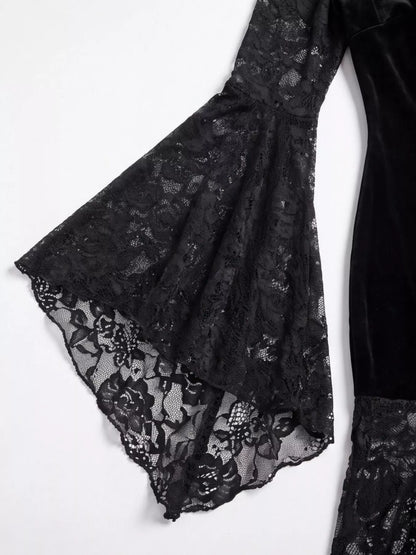 Black Lace V-Neck Dress with Flare Sleeves
