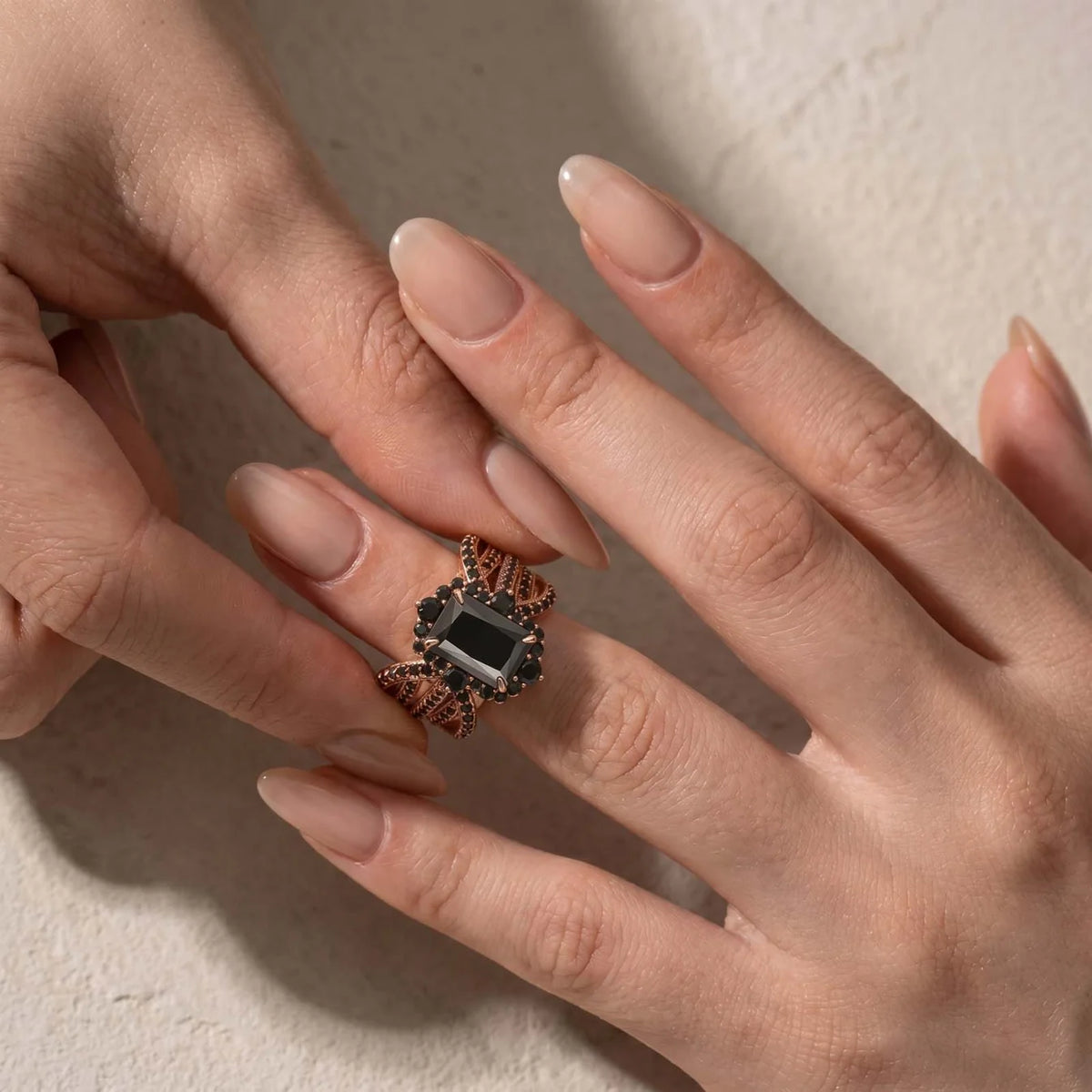 black wedding band set, rose gold, black CZ size 5.5 –