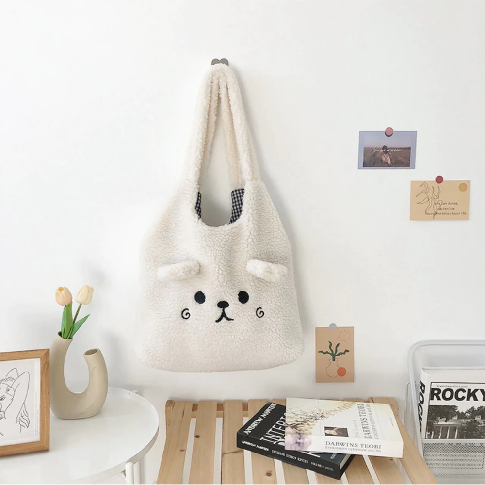 Fluffy Dog Tote Bag - Cute Pup Print Canvas Tote – White