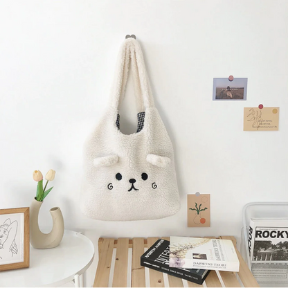 Fluffy Dog Tote Bag - Cute Pup Print Canvas Tote – White