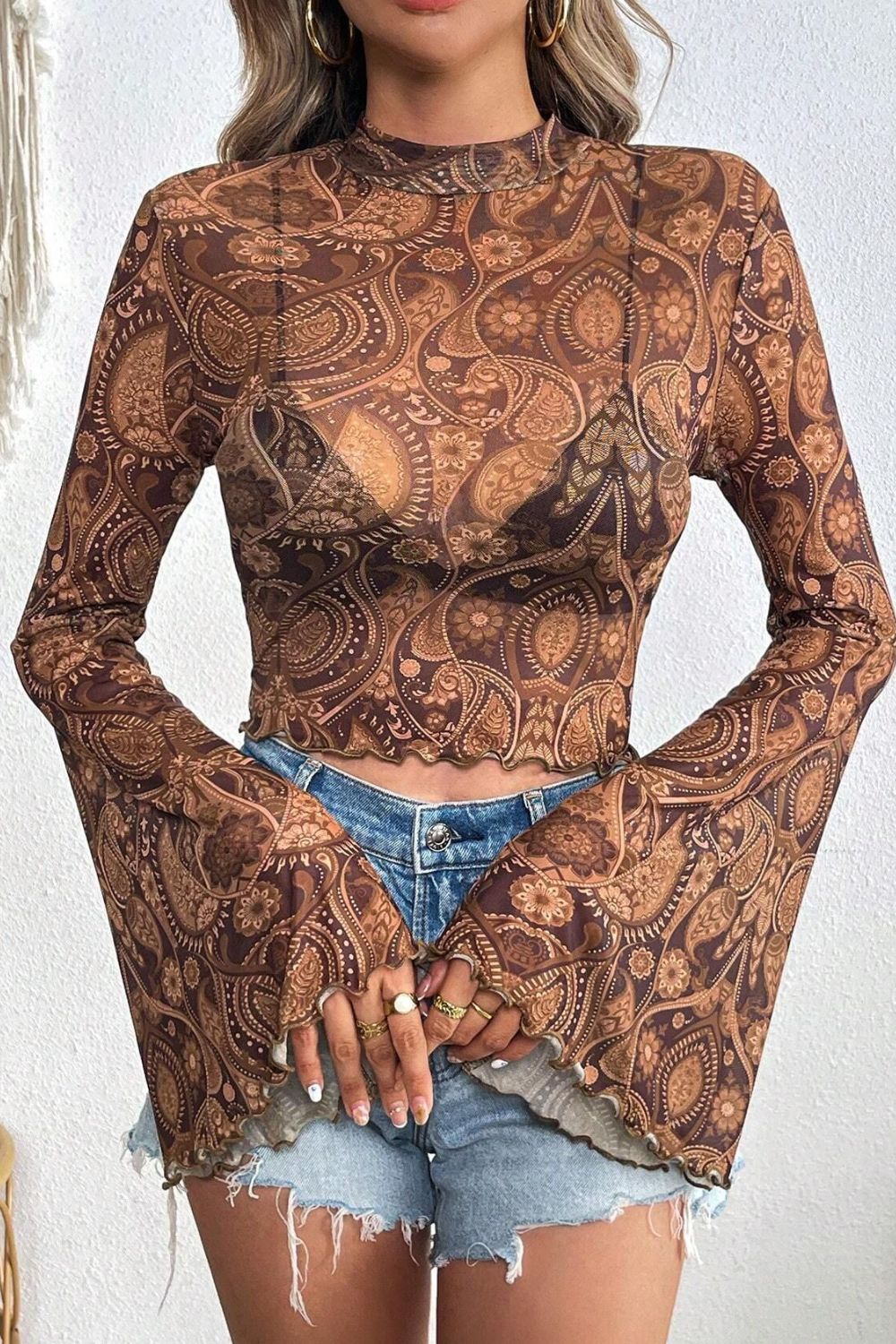 Printed Mock Neck Flare Sleeve Top –
