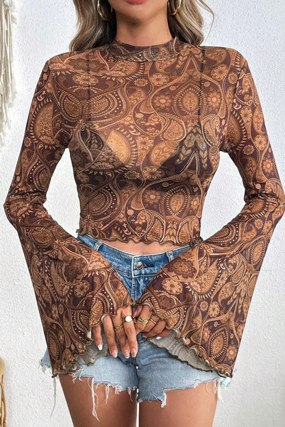Printed Mock Neck Flare Sleeve Top –