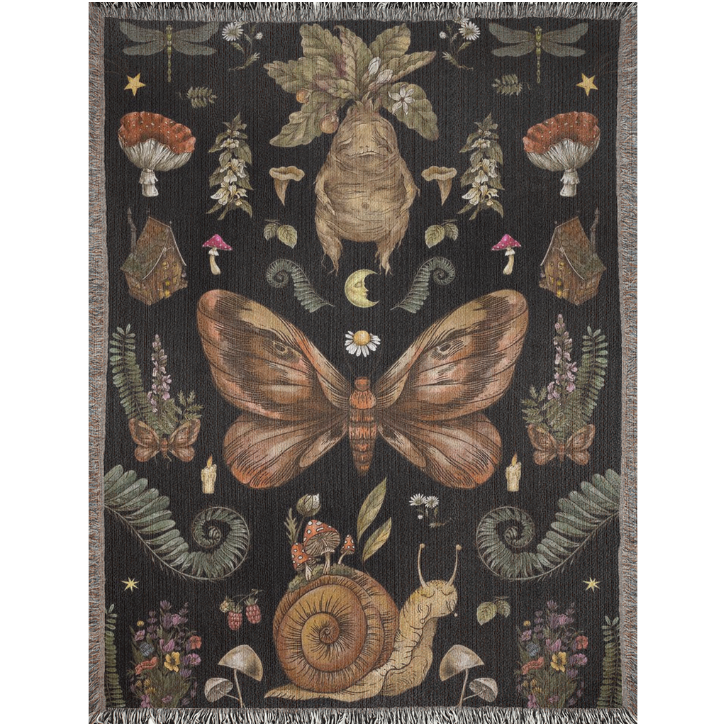Mushrooms, Plant leaves, snail, moth, flowers and Mandragora Woven Blanket. Mushroom bedding. Gift for herbology. Mandragora bedding. Plants