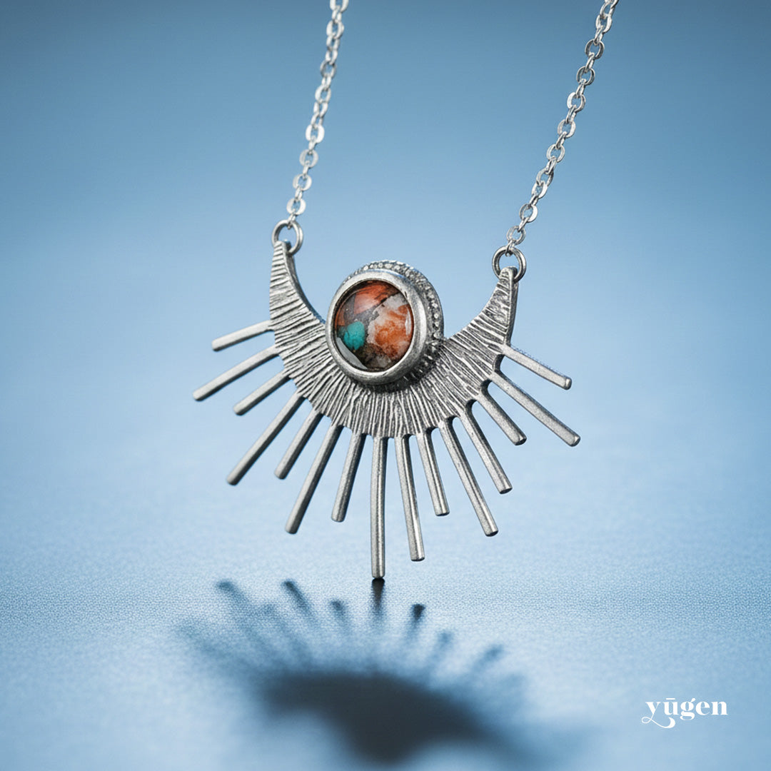 Turquoise Sun Necklace - Boho Sun Goddess Pendant – Silver Tone Necklace