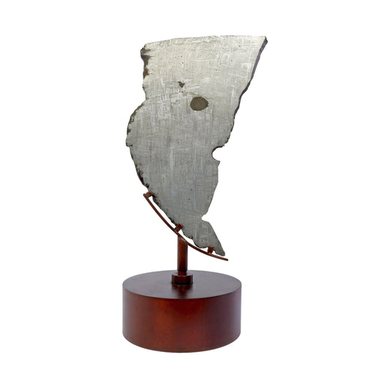 Muonionalusta Meteorite Slice with Troilite Inclusion on Steel Spinner Stand –
