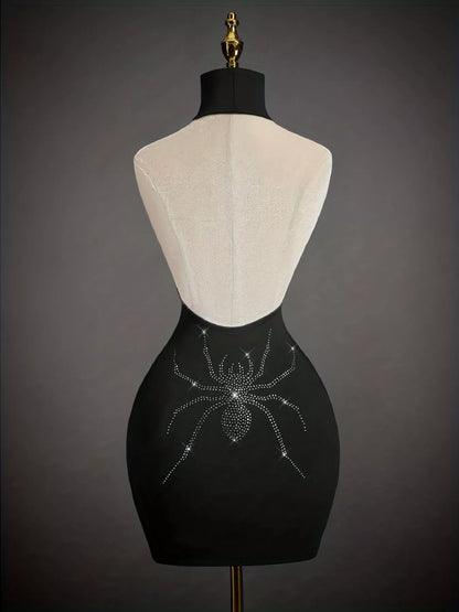 Black Rhinestone Spider Halter Bodycon Dress