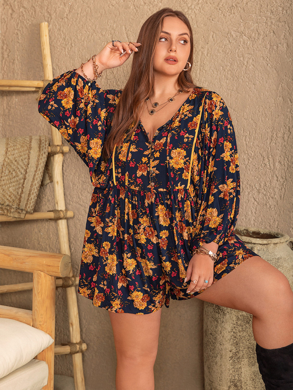 Floral Tie Neck Balloon Sleeve Romper –