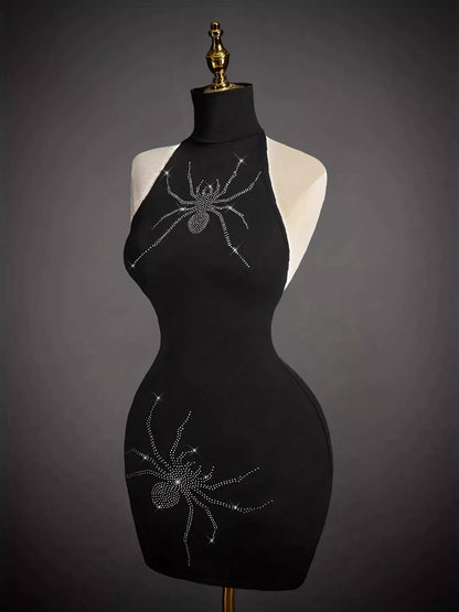 Black Rhinestone Spider Halter Bodycon Dress