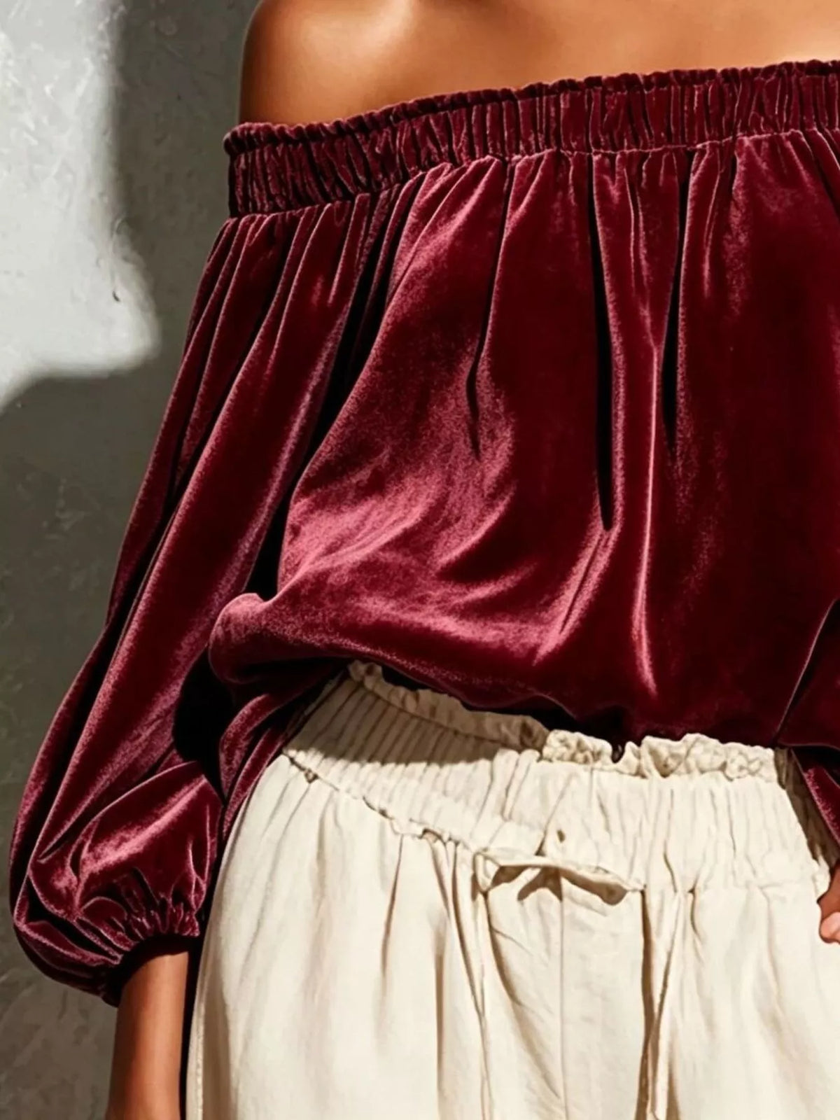 Off-Shoulder Velvet Long Sleeve Top