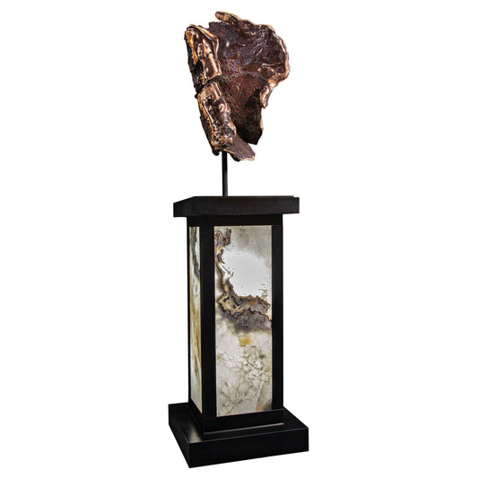 Michigan Copper Float Specimen on Custom Metal Floor Stand with Illuminated Pearlescent Side Walls with Rare Glacial Fold & Red Cuprite Inclusions – Crystals & Minerals > Spheres